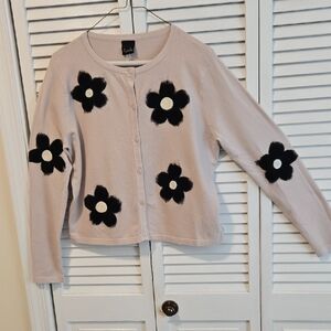 Aaeda Light Tan Floral Appliqué Cardigan Sweater